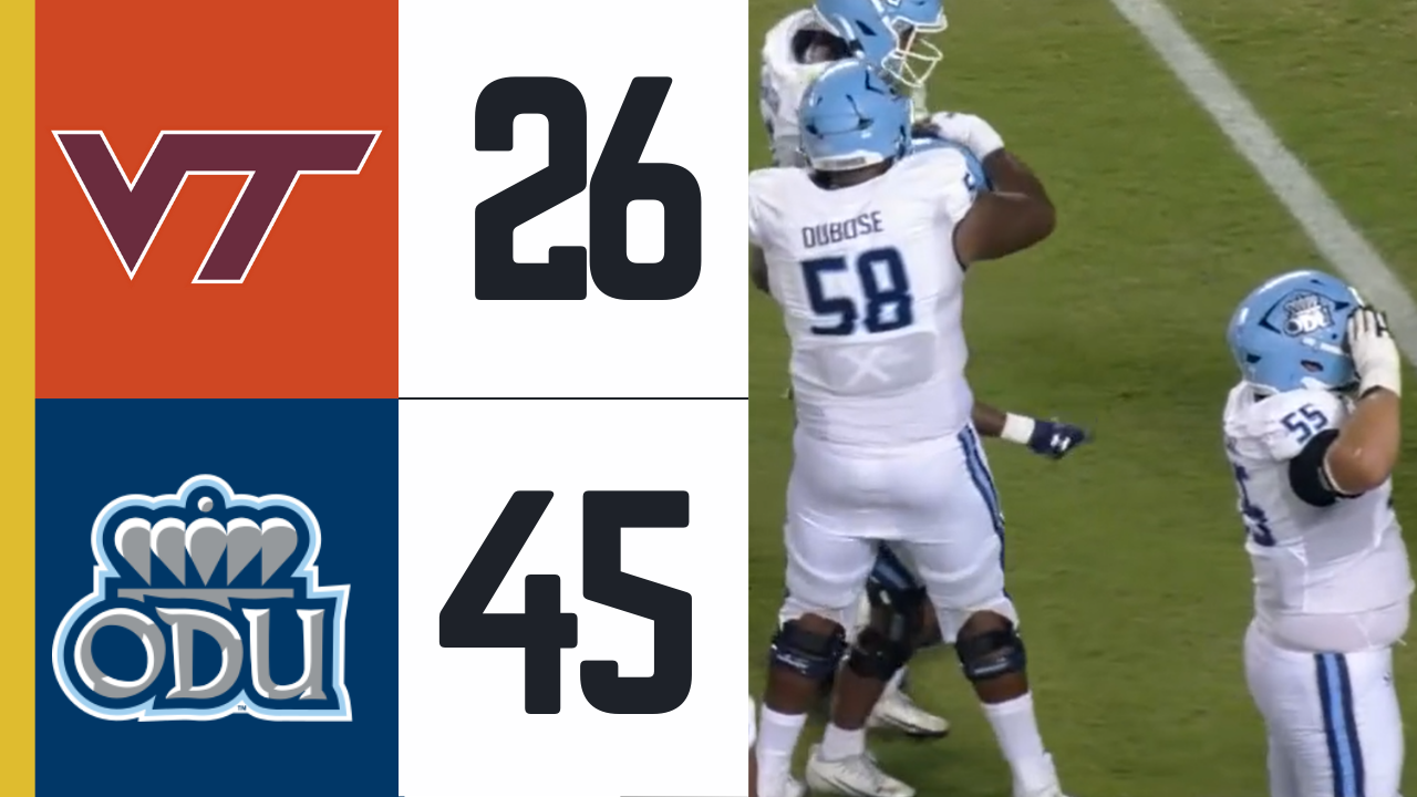 Final score graphic with Old Dominion Monarchs logo and Virginia Tech Hokies logo. Text reads Old Dominion 45, Virginia Tech 26, final at Lane Stadium.